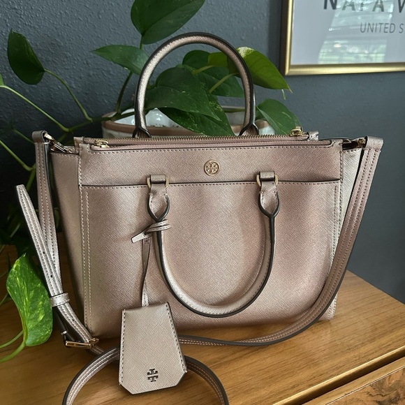 Tory Burch Robinson Small Double-Zip Tote Rose Gold Handbag - Picture 2 of 15